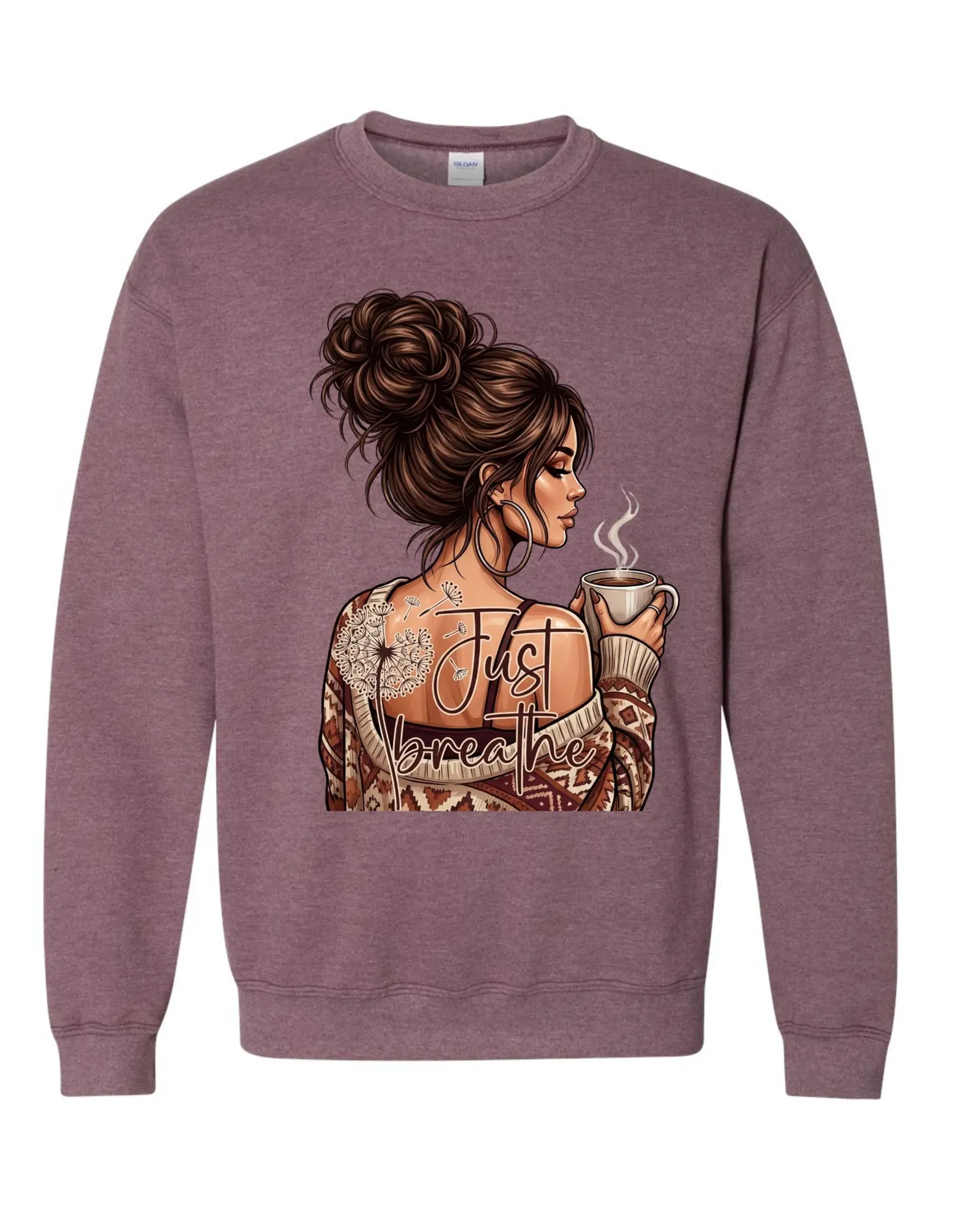 Just Breathe Girl 3 with Coffee cup on Gildan Sweatshirt  Crewneck Womenswear