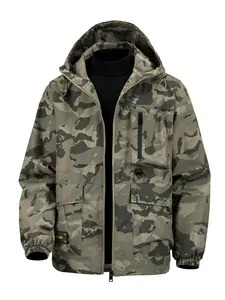 Men's Hooded Camouflage Jacket with Multiple Pockets, Windproof Waterproof Outdoor Sports Coat, Casual Slim-Fitting Long Outerwear