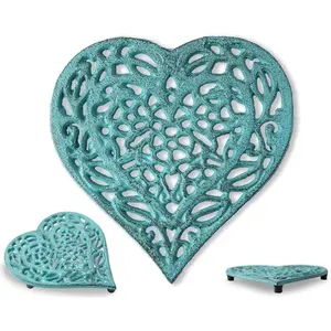 Cast Iron Heart Trivet | Decorative Cast Iron Trivet for Kitchen Countertop Or Dining Table | Vintage Design | 6.75X6.5 | with Rubber Pegs/ - Recycled Metal | Blue Color