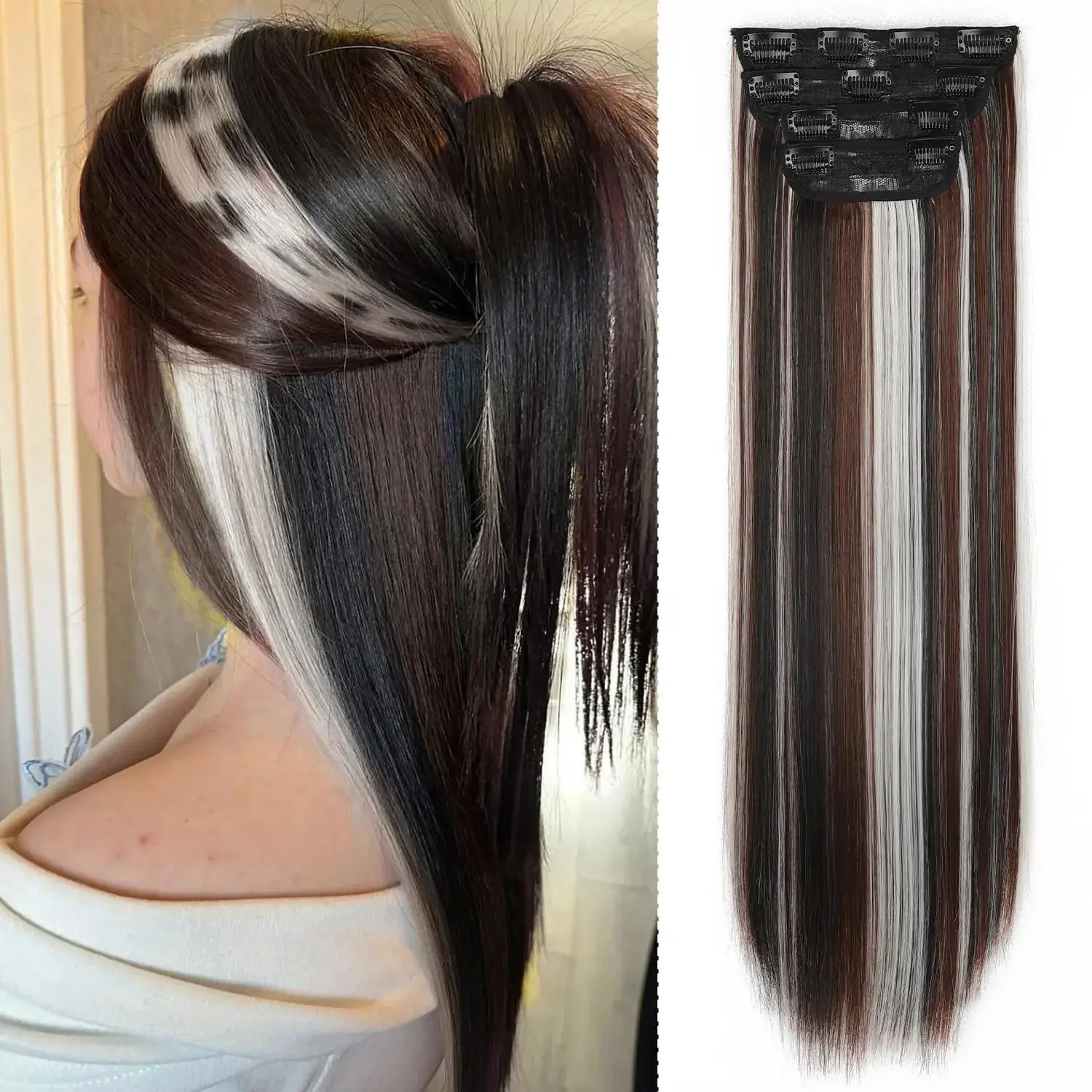 Vigorous Clip In Hair Extensions for Female, 24 Inch Long 4-Piece Natural Straight Premium Synthetic Lightweight Volume Hairpiece, Soft Texture to Instantly Add Hair Length