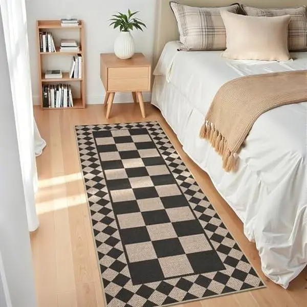 GARVEE Easy Jute Rugs for Entryway 2x6 Kitchen Runner Rug Non Slip, Modern Checkered Border Washable Rug, Stain Resistant Farmhouse Carpet Non Shedding Foldable Mats for Bedroom, Patio, Black White