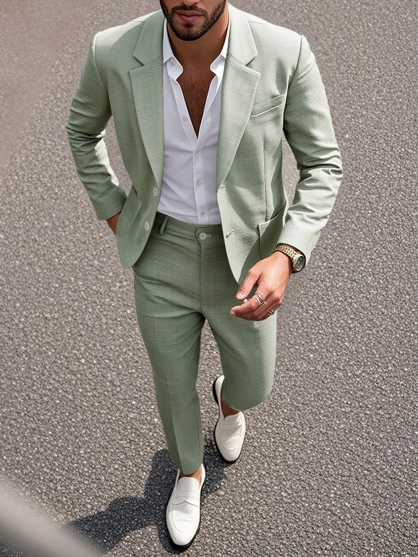Men's Solid Plain Color Collared Slim Fit Pants Suit Set, Elegant Fashion Wedding Formal Wear Formal Attire Dress Suit, Business Suits Set, Long Sleeve Button Design, All Seasons Suitable, Menswear