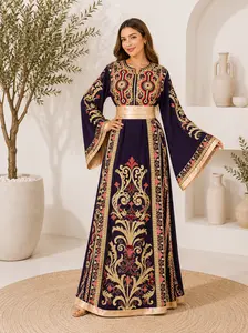 Women's Traditional Bidaya Embroidered Long-Sleeve Thobe Robe - Arab Style Modest Abayas, Golden Black Queen Style, Intricate Gold Accents, Elegant Special Occasion Statement Clothing, Arab Style Abayas