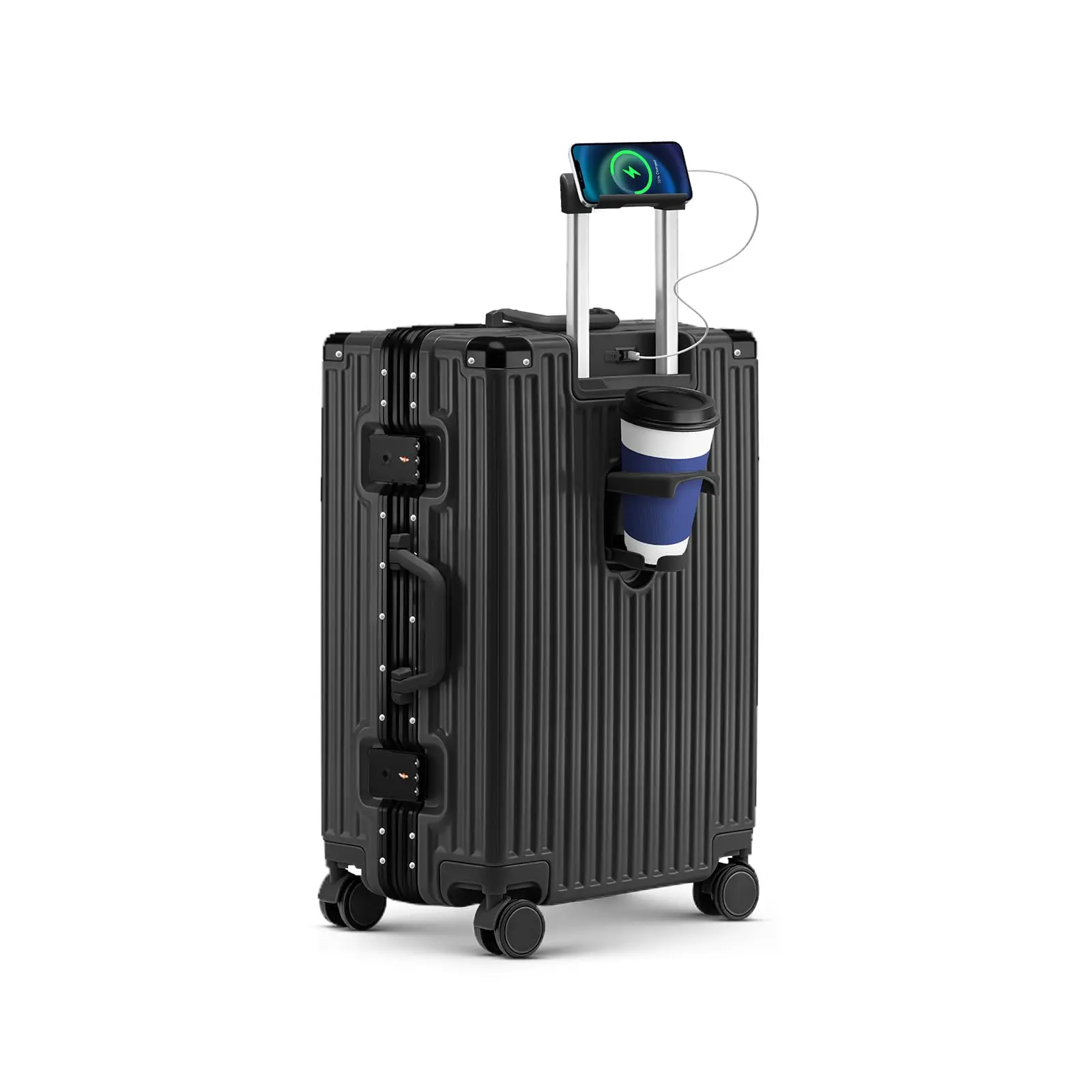 20 Inch Carry On Suitcase, Aluminum Frame Zipperless Hard Shell Luggage with Spinner Wheels, TSA Lock, USB Charging Port, Phone Holder, Cup Holder for Business Travel and Trips