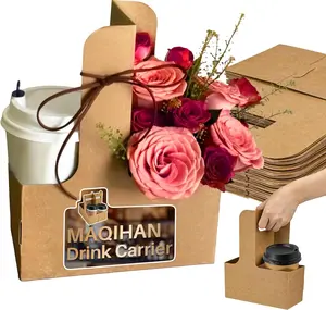 2 Cup Drink Carrier with Handle - 12Pcs Disposable Cardboard Coffee Cup Holder Portable Foldable Tray Drink Caddy Cup Carriers to go Cup Holder Food Delivery Accessories for Hot/Cold Drinks