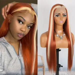 QD-Tizer Blonde and Ginger Skunk Stripe Wigs 13x4 Synthetic Lace Front Wigs Ginger Orange Color Long Straight Hair Wigs Blonde Highlights Pre Plucked Daily Wear Party Halloween Wig
