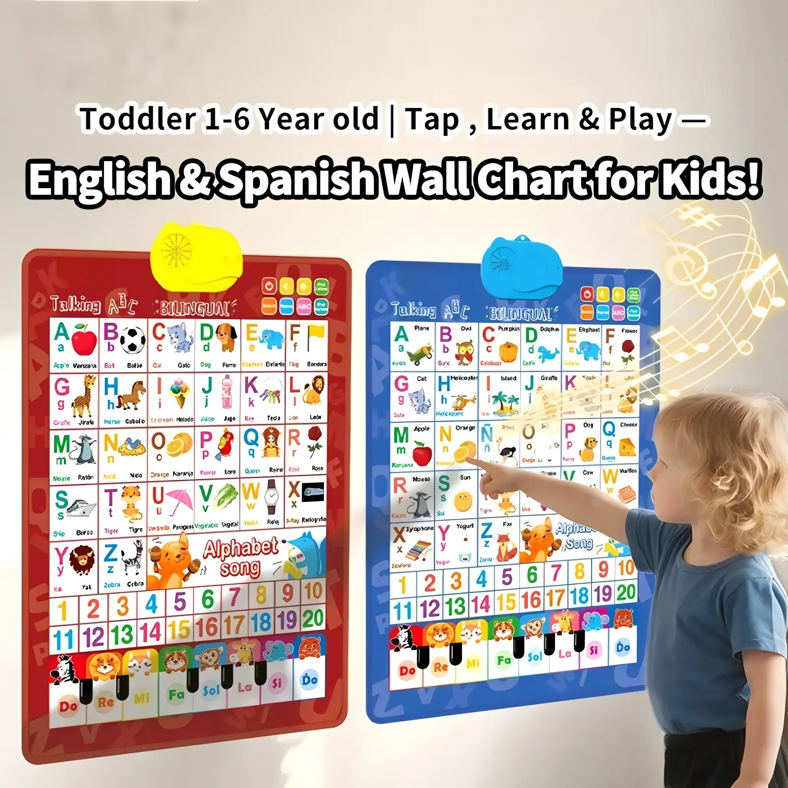 KIDBOX Bilingual Talking Wall Chart, Montessori Language Toy for Toddlers 1-6, English-Spanish Learning Poster with Songs, ABCs, Numbers, Animal Words & Piano, No-Screen Battery-Powered Educational Toy for Classroom Use, Montessori Language Toys