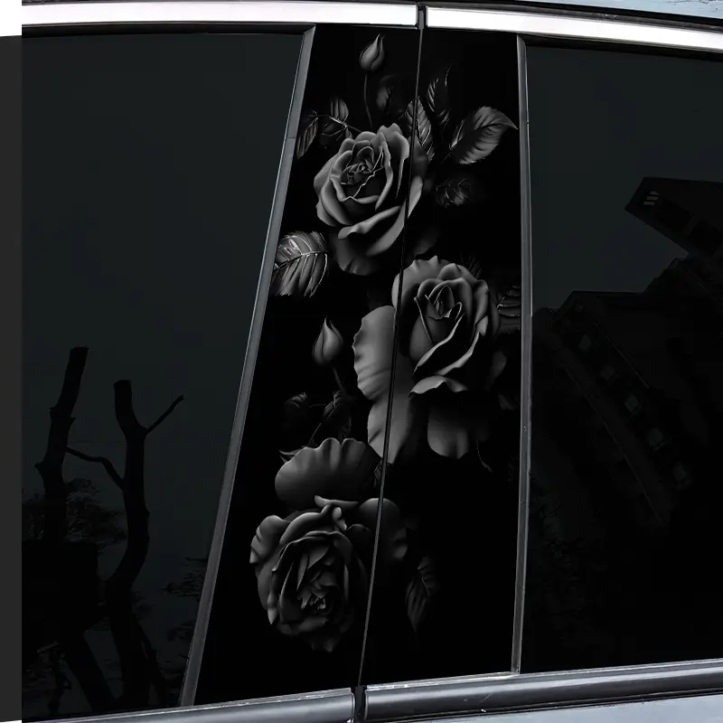 2 Black Flower Stickers Unique Design - Self Adhesive Installation Suitable for B-Pillar and Door Plastic, Metal Smooth Surface Easy Replacement Scratch Resistant Disposable Auto Parts Sticker For Cars
