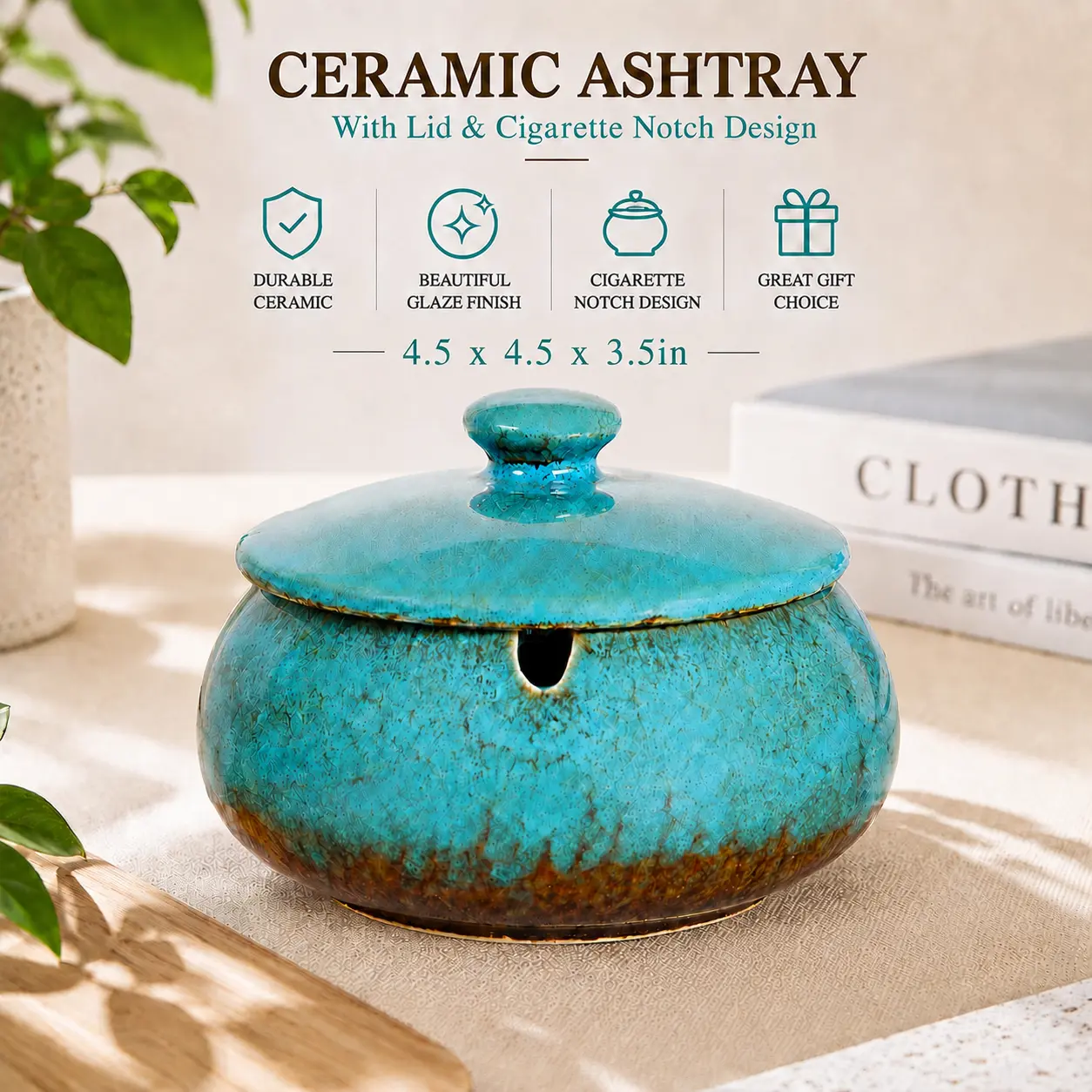 Ceramic Ashtray with Lids, Cigarette Ashtray for Indoor/Outdoor Use, Blue Porch Decorations, Tray for Home Office Decorations Ornaments,Father's Day Gift for Daddy