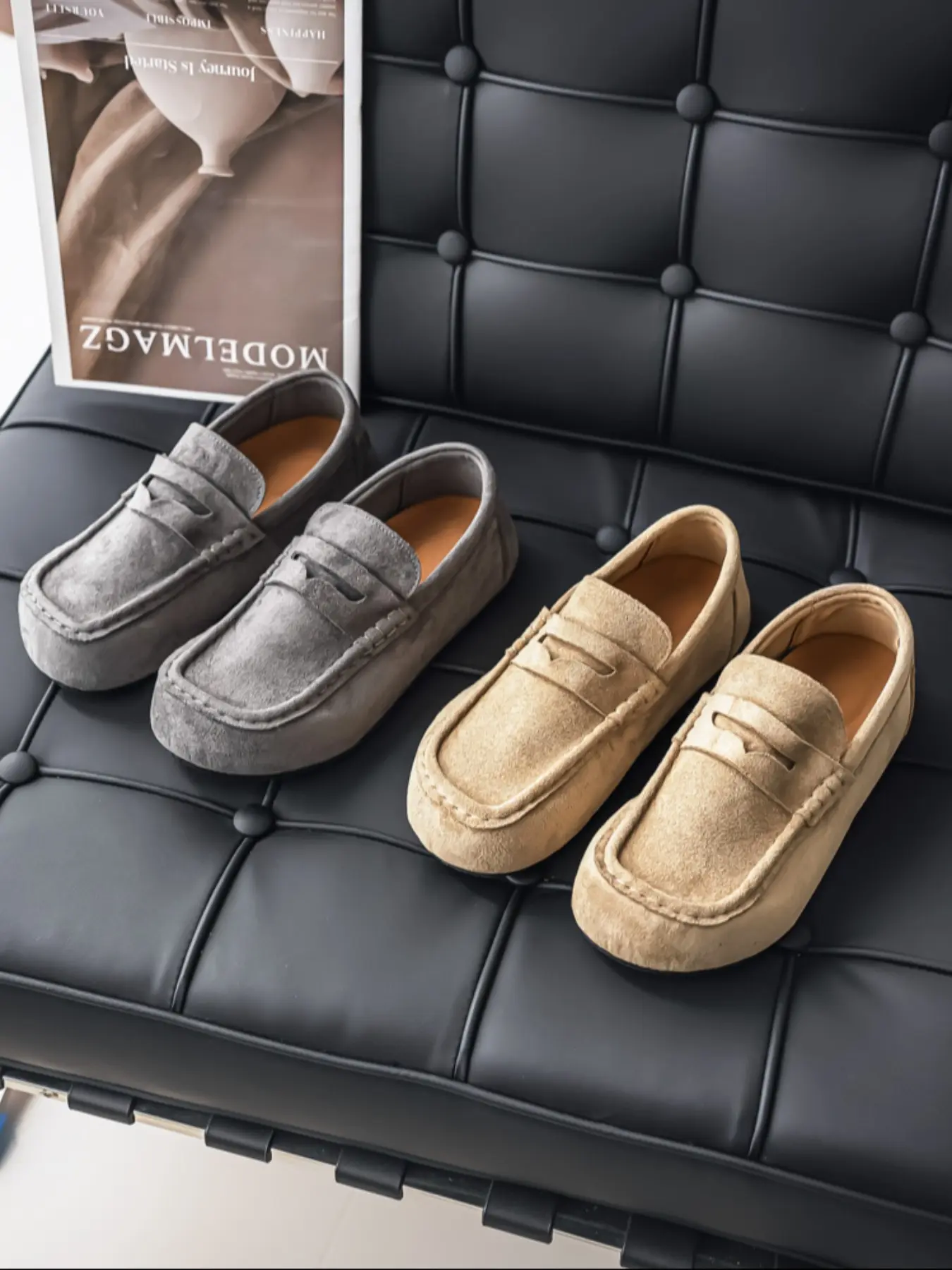 Men's Low-Top Slip-On Flat Mules, PU Leather Shoes, Round Toe Medium Width, All Season Fashionable Footwear for Work & Driving, Easy Breezy Loafers