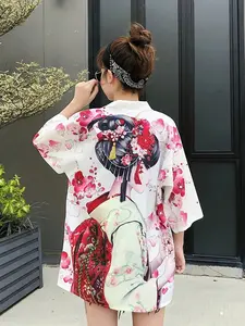 Cute Japanese Kimono Windbreaker, Loose-Fitting Summer Beach Jacket, Casual Sun Protection Shirt, Party and Festival