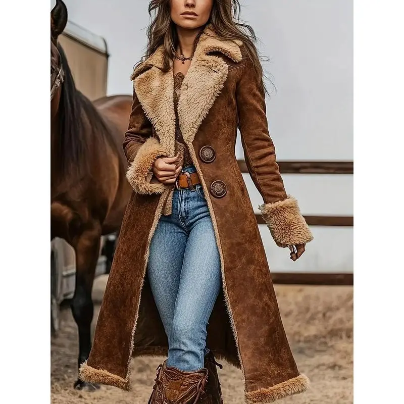 Women'sLongWinterTrenchCoatwithButtonFrontClosureforCasualtoSemi-FormalOutfitsSoftPlushLiningStructuredCollarWarmBrownforFallorWinter