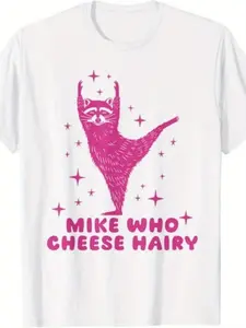Mike Who Cheese Hairy Funny Inappropriate Adult Humor T-Shirt - with Pink Raccoon & Cheese Graphic, Text Novelty Tee for Men & Women, Comfortable Casual Short Sleeve Round Neck Shirt for Casual Attire & Parties