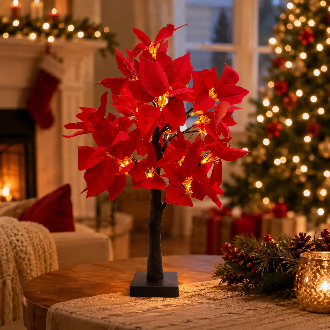 2-Piece Christmas Plastic Poinsettia LED Light Decor Set - USB-Powered Warm Cozy Glow, Home Living Rooms & Offices Tabletop Ornaments, Ideal Holiday Gift for Special Occasions, Valentines Day Romance Decoration