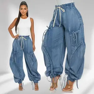 Women’s lace-up wide-leg high-waisted work jeans — sexy, elegant streetwear denim, loose-fit bottoms, GARMENTARY