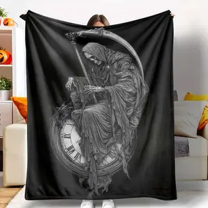 Grim Reaper Flannel Blanket, Death & Time Clock Print, Lightweight, Super Soft, AntiPilling, Suitable for Halloween, Gothic Home Decor, Spooky Season Gift, Dark Fantasy Lovers, Living Room, Bedroom, Sofa, Couch, Travel, Camping, Outdoor Events.