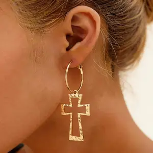 Women's Gold Cross Dangle Hoop Earrings - Alloy Female Trendy Vintage Drop Earrings, Lightweight Statement Fashion Jewelry Accessories, Chic Street Style Gift