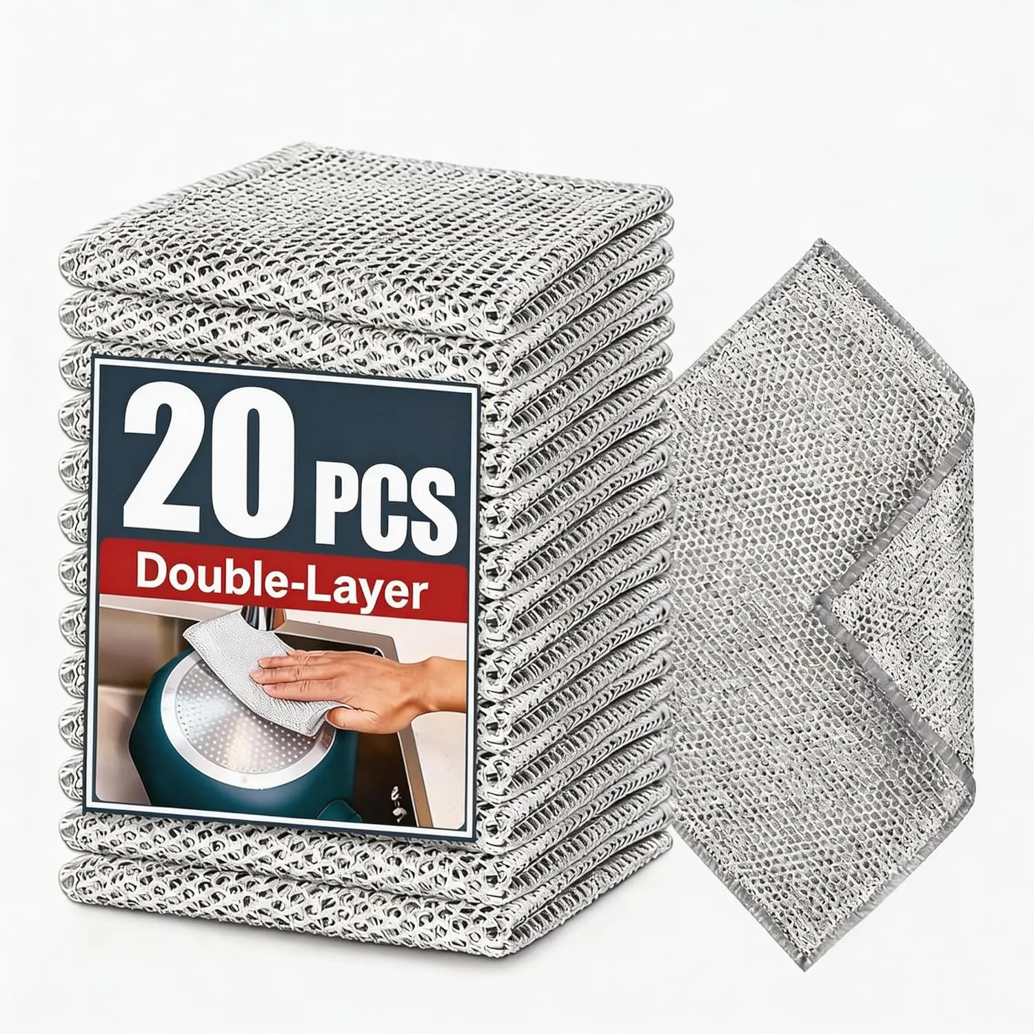20pcs Double-Layer Steel Wire Cleaning Cloth - Non-Scratch Wire Dishcloth Rag Heavy Duty Scrub Pads Multi-Purpose Silver Mesh Scouring Pads for Dishes, Pots, Pans (20PCS)