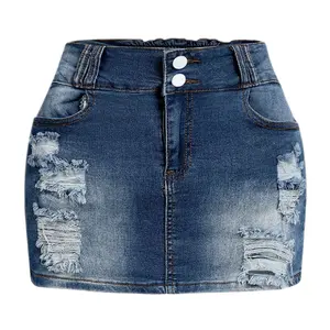 Flamingals Ripped Mid Waist Pocket Mini Denim Skorts Spandex Comfort Skirt Summer Blue Casual Womenswear Bottom jean skirt outfit