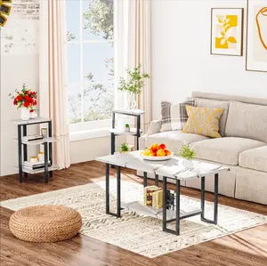 AWQM Faux Marble Coffee Table Set with Coffee Table & 2 Side Tables, Metal Frame, 3 Counts Living Room Table Sets, White Waterproof Wine