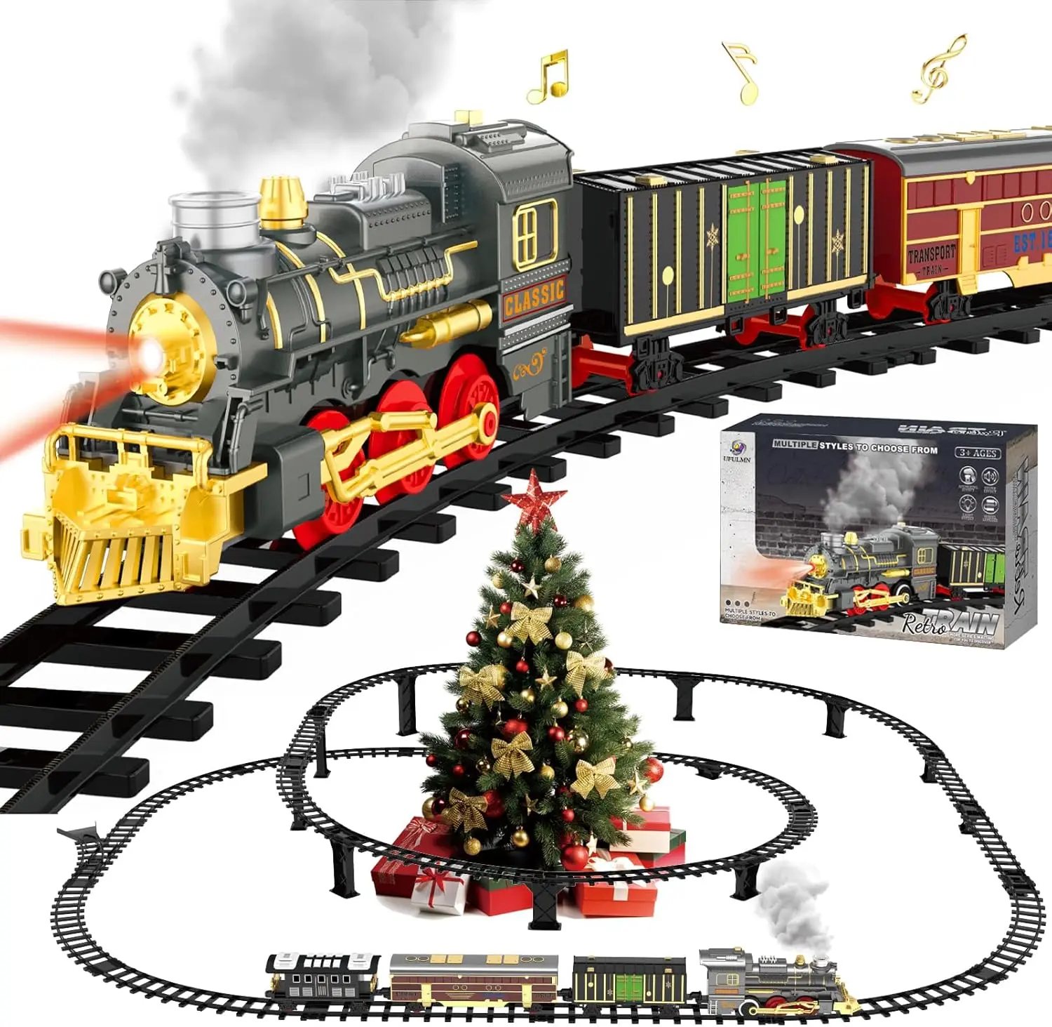 Unisex Kids' 500mAh Rechargeable Steam Locomotive Electric Train Toyset - ABS, BPA-Free, 2-Layer Track, 16 Curved Tracks, 2 Pillar Sets, 1 Y-Shaped Switch, Passenger Carriages, Lights & Sounds (ON/Silent/Off), Construction Toy for 3 and Up - Holiday Gifts