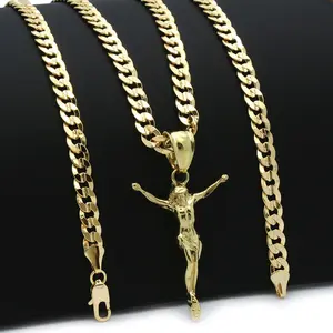 MaxBling81 Jesus Crucifixion Cross Design Pendant Charm, 14K Stamped Lock Brass Gold Plated Jewelry Necklace with 5mm 20"-24" Cuban Chain
