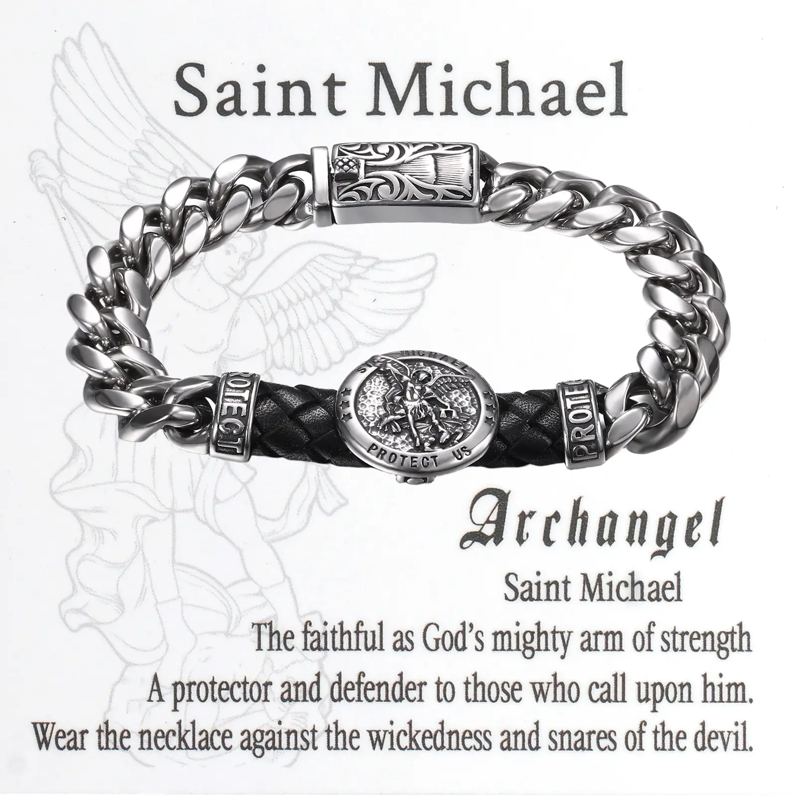 OIDEA Hypoallergenic Charm Bracelet - 9-in Stainless Steel Bangle with Leather Accent, Vintage Punk Biker Cuban Link Wristband, Protection Archangel St Michael Motif Card, Inspirational Jewelry summerwins,summerwins