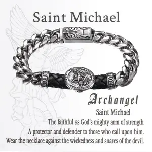 OIDEA Hypoallergenic Charm Bracelet - 9-in Stainless Steel Bangle with Leather Accent, Vintage Punk Biker Cuban Link Wristband, Protection Archangel St Michael Motif Card, Inspirational Jewelry summerwins,summerwins