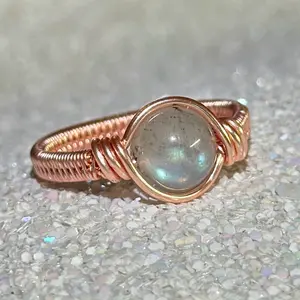 Labradorite & Copper Wire Wrapped Ring with Round Center Stone, Featuring Copper and Labradorite Elements