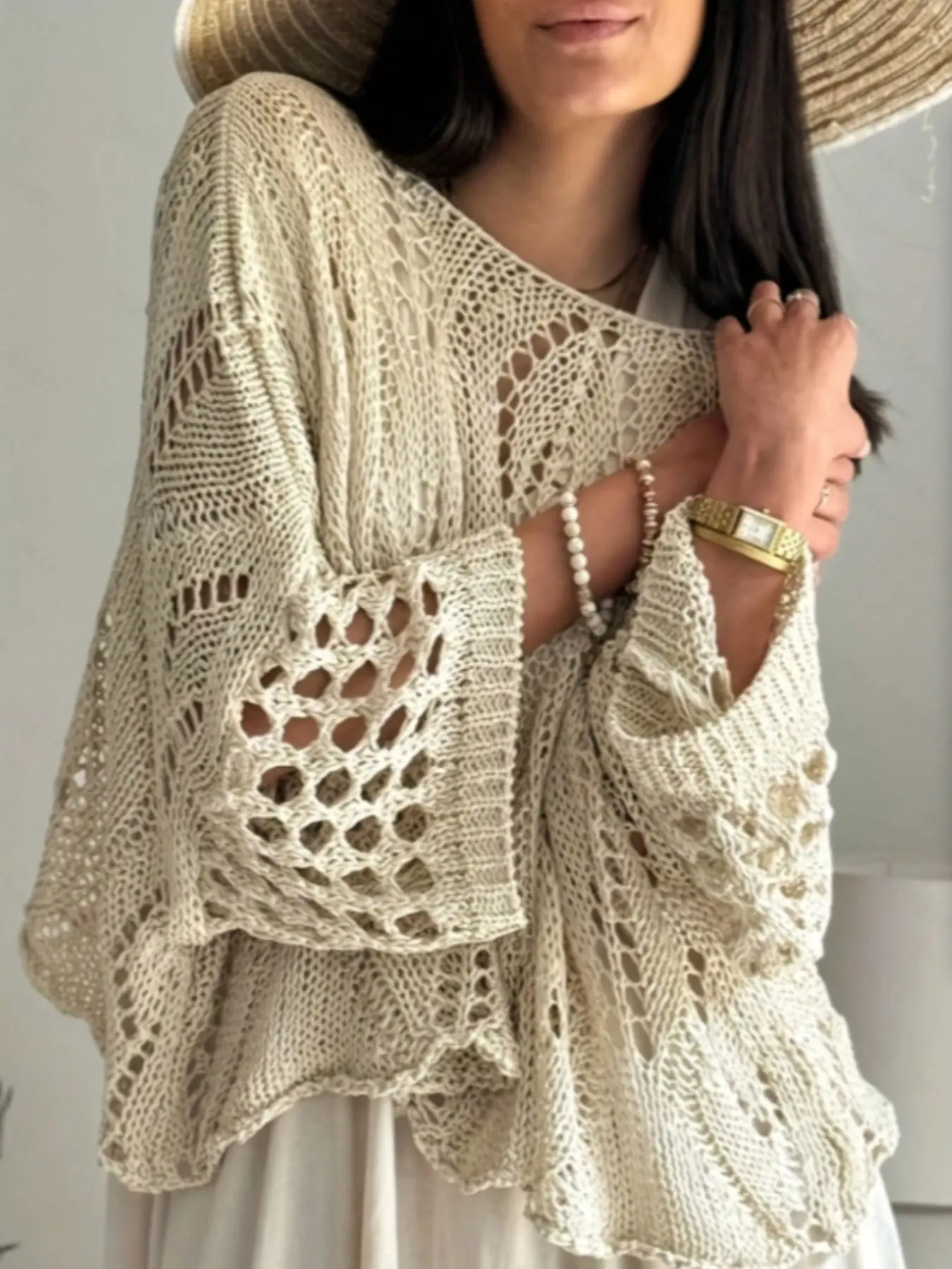 Fashion Loose Oversized Hollow Out High-End Women's Three-Quarter Sleeve Knit Top, Womenswear, Shoulder Exposure Design, Perfect for Beach Vacation, Soft and Comfortable, Casual and Versatile, Summer Essential, Knitwear, Knit Shawl Tops
