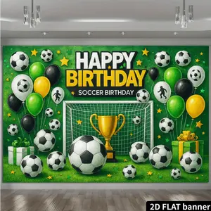 2D Flat，Football Theme Birthday Backdrop Banner - Soccer Goal + Golden Trophy + Football Decorations + Green, Black, and Yellow Balloons + Player Silhouettes. Made of, No Power Required. Suitable for Football
