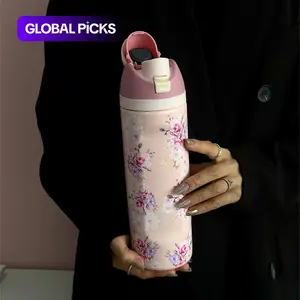 Floral Pattern Vacuum Flask, 1 Count Portable Water Bottle with Straw, Drinking Cup for Home Office School Outdoor Camping, Tumbler with Lid, Insulated Travel Drinkware, Drinkware #GLOBAL PICKS