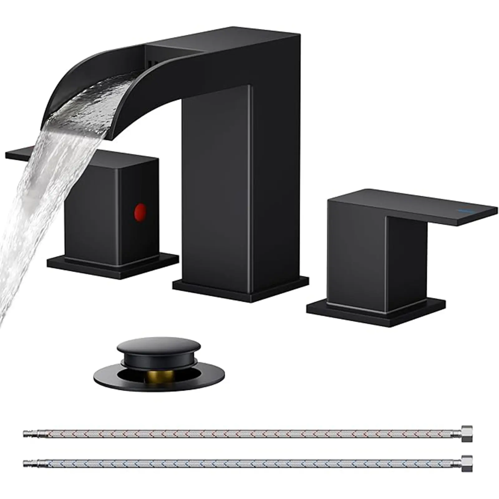 FORIOUS Bathroom Faucets, Waterfall Bathroom Faucet 3 Hole, 8 Inch Widespread Bathroom Sink Faucet with Metal Pop-up Drain and Hose, for Sink Vanity