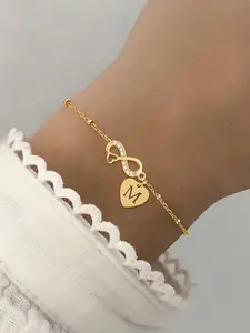 Heart Cutout Initial Pendant Infinity Symbol Women's Bracelet, Casual Fashion Stainless Steel Bead Chain, All Seasons Jewelry