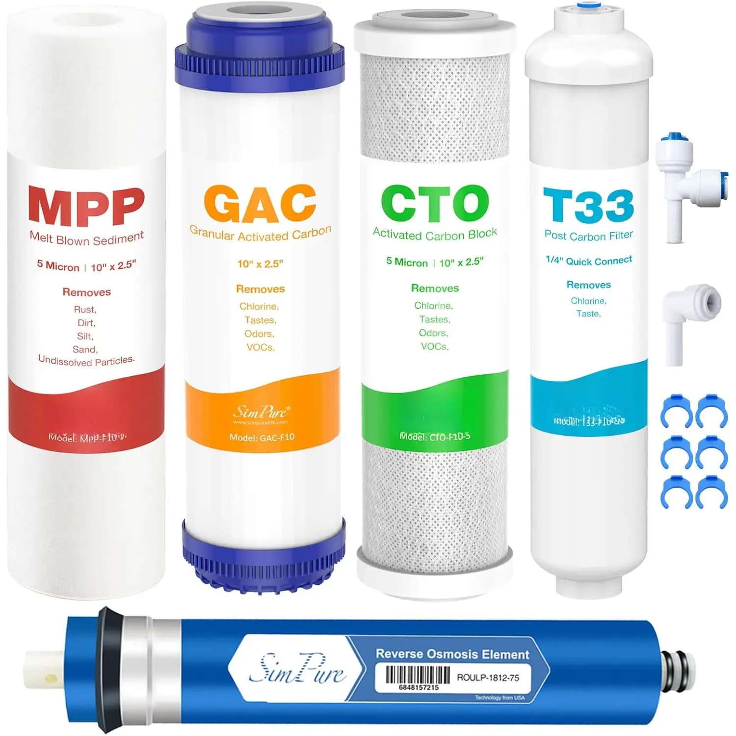 5-Stage Reverse Osmosis Replacement Filter Set with 75 GPD RO Membrane, 5 count Pre &  Replacement  Pack Kit for Standard 5-Stage Reverse Osmosis RO Systems