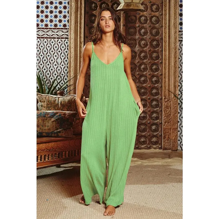 Wide Leg Solid Ribbed Knit Jumpsuit - Sage
