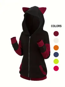 Women's Colorblock 3d Ear Design Textured Zip Up Hooded Coat, Cute Long Sleeve Pocket Outerwear for Fall & Winter, Women's Clothes for Daily Wear, Womenswear