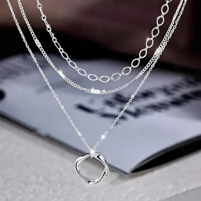 Multi-Layer Necklace in 925 Sterling Silver with Round Pendant, Elegant Trendy Jewelry for Women and Girls, Ideal Gift for Parties, 925 Pure Silver, Female, Versatile Accessory, Multiple Chains, Women/Girls, Shiny Silver Necklaces
