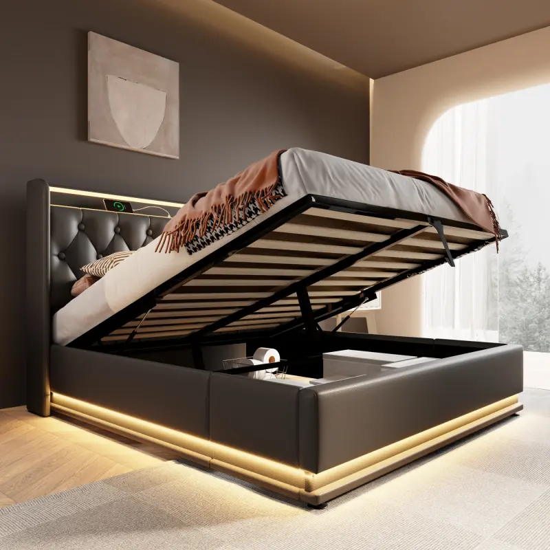 Modern Lift Up Storage Bed Full Size, LED Bed Frame with Charging Station, PU Leather Upholstered Platform Bed with Wingback Headboard, Remote Control, Heavy Duty Wooden Slats, No Box Spring Needed (Black)