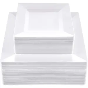 [100 Piece Combo White Square Plates, Disposable Plastic Plates - Premium Heavy-Duty 50 Disposable 9.5" Dinner Party Plates and 50 Disposable 6.5" Salad Plates