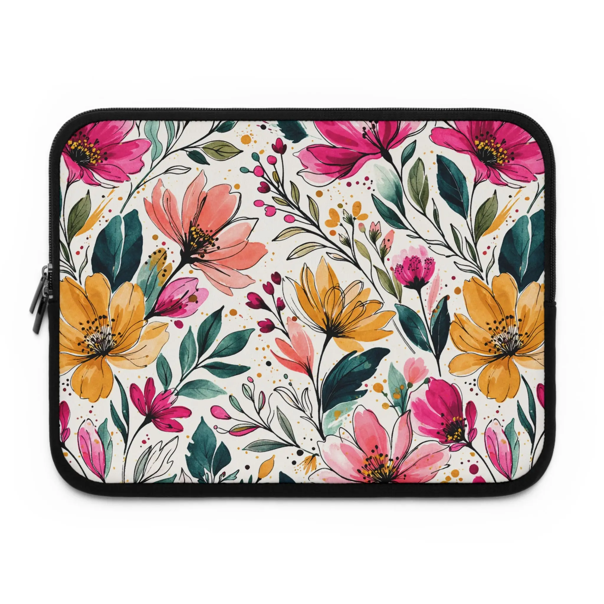 Modern Botanical Wildflower Splatter Bloom Collection Laptop Sleeve - Golds, Corals, Solid, Water Resistant, Customizable Front Print Protective Case, Dual Zipper