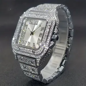 MaxBling81 Men's Iced Out Quartz Watch, Square Hip Hop Style with Simulated Diamonds, Adjustable Silver-Toned Stainless Steel Bracelet, Men's Watches