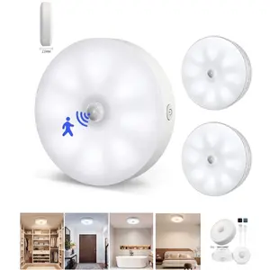 Wireless motion-sensing ceiling light (2-pack) featuring a magnetic, battery-powered design; easy to install and suitable for various settings, including closets, shower areas, staircases, sheds, hallways, porches, and patios.