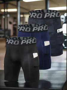 Men's Sporty Tight-Fitting Pack of 3, Polyester Boxing Briefs, Running Basketball Gym Bottoms with Pockets, Elastic Waist, Gym Workout Shorts