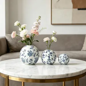 Unique Creative Oriental Blue and Porcelain Ceramic Flower Vase, Small Round Ball Insertable Floral Decorative Bottle, Home Decoration Indoor Desktop Ornament