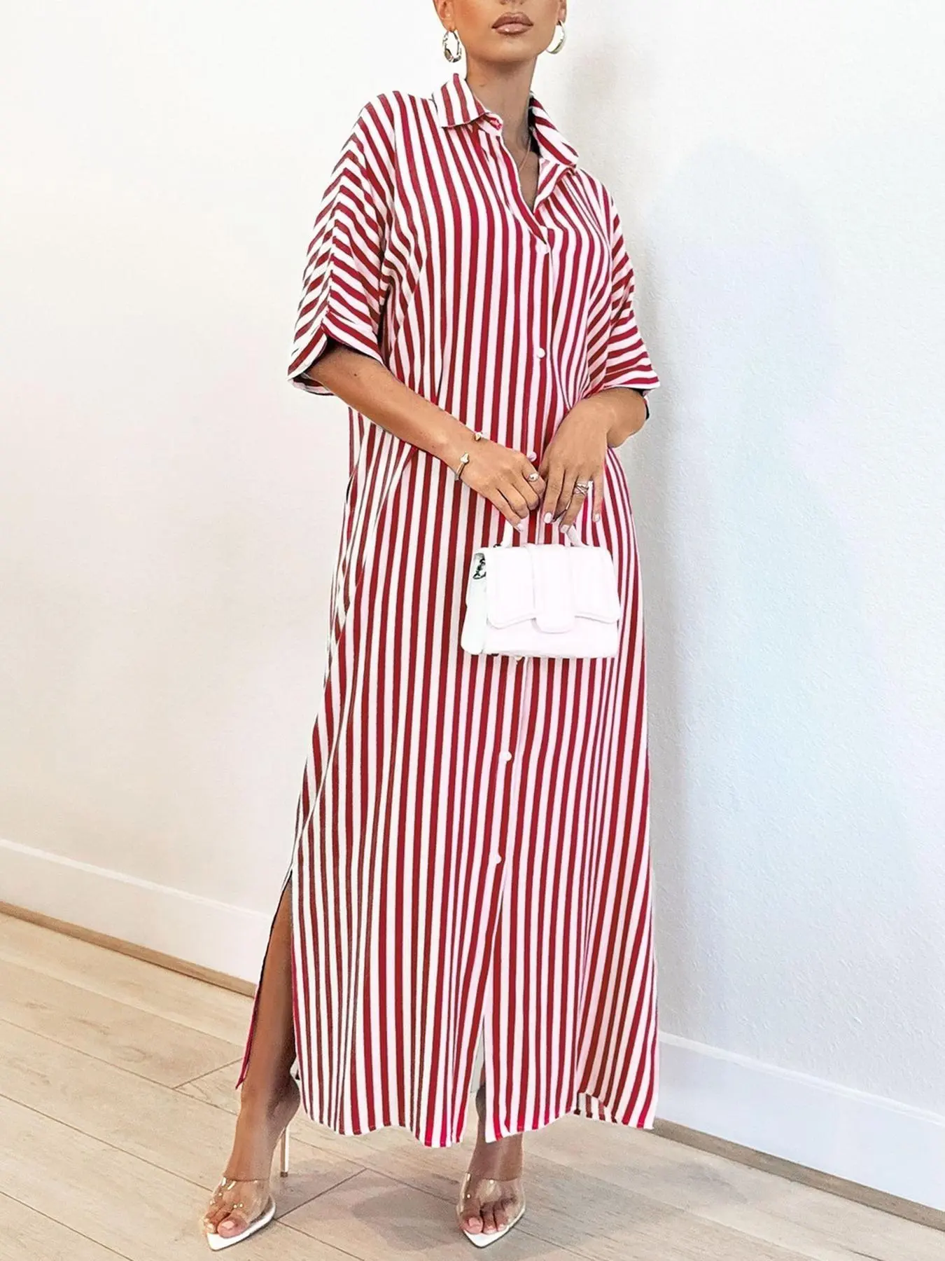 Women's Striped Print Button Front Shirt Dress, Casual Loose Pocket Half Sleeve Dress for Daily Wear, Casual Commuter Dress, Ladies Clothes for All Seasons, Striped Clothing, Womenswear