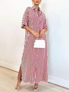 Women's Striped Print Button Front Shirt Dress, Casual Loose Pocket Half Sleeve Dress for Daily Wear, Casual Commuter Dress, Ladies Clothes for All Seasons Womenswear
