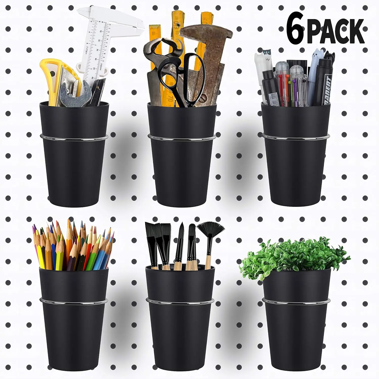 6-Count Ring-Style Pegboard Accessories - 0.12 in Thick Disassembleable Stainless Steel Hooks with Plastic Cups, Easy-to-Use Tool Organizers for Shop, Work Bench, Organizing Craft Room
