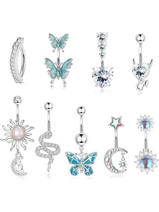 10 Pieces 14G Belly Bars for Women Stainless Steel Belly Bar Heart Snake Butterfly CZ Dangly Belly Bar Barbell Belly Button Piercing Jewellery Belly Piercing Jewelry Body Jewelry Body Piercings