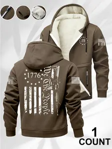 Men's Fall Winter Lamb Fur Hooded Zipper Jacket, Flag Pattern Print Design, Casual Fitted Style, Practical and Fashionable, Hooded Winter Outerwear